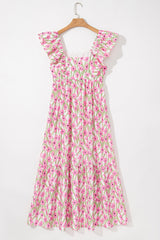Floral Print Square Neck Ruffled Strap Maxi Dress