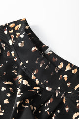Leopard Lantern Sleeve Mock Neck Pleated Blouse