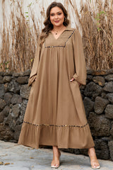 Chestnut Leopard Trim Smocked V-Neck Plus Size Maxi Dress