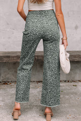 Leopard Frayed Hem Wide-Leg Jeans