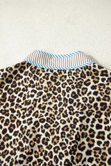 Khaki Leopard Print striped Trim V-Neck Drop Waist Plus Size Mini Dress