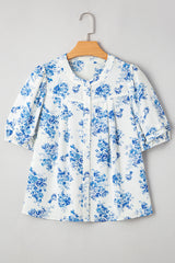 Blue Floral Tiered Puff Sleeve Pleated Bust Buttoned Blouse