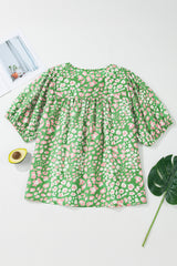 Green Floral Puff Sleeve Tassel Tie Plus Size Blouse