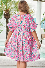 White Plus Size Floral Print Frilled Flare Mini Dress