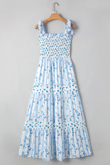 Sky Blue Floral Smocked A-Line Tiered Tied Straps Maxi Dress