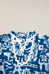 Blue Ricrac Trim Split Neck Floral Loose Mini Dress