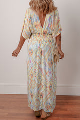 Multicolour Geometric Shirred High Waist Maxi Dress