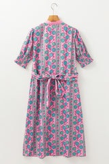 Pink Floral Puff Sleeve Shirred Waist-Tie Button-Front Midi Dress