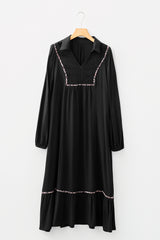 Collared V Neck Smocked Detail Contrast Leopard Trim Midi Dress