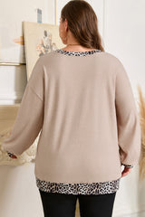 Leopard Patchwork V-Neck Long Sleeve Plus Size Top