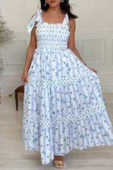 Sky Blue Floral Smocked A-Line Tiered Tied Straps Maxi Dress