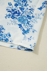 Blue Floral Tiered Puff Sleeve Pleated Bust Buttoned Blouse