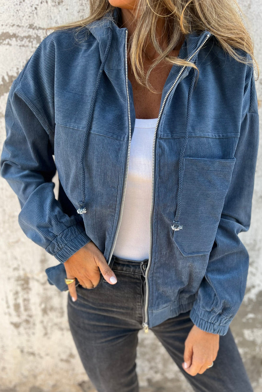 Teal Corduroy Pocket Zip-up Hoody Jacket