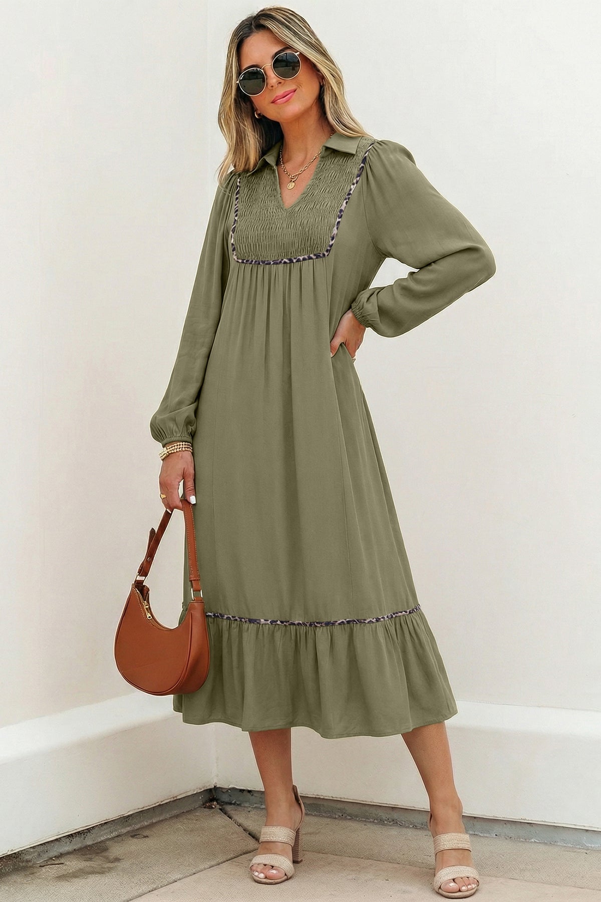 Collared V Neck Smocked Detail Contrast Leopard Trim Midi Dress