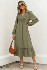 Collared V Neck Smocked Detail Contrast Leopard Trim Midi Dress