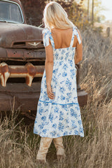 Sky Blue Floral Print Shirred Knot Shoulder Sleeveless Midi Dress