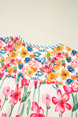 Pink Floral Striped Trim V-Neck Plus Size Blouse