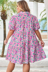 Pink Floral Half Button Puff Sleeve High Waist Plus Size Mini Dress