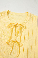 Yellow Cream Bow Tie Notched Neck Pleated Blouse