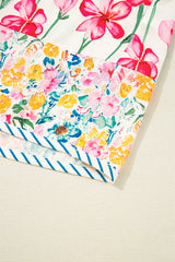 Pink Floral Striped Trim V-Neck Plus Size Blouse