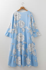 Sky Blue Floral V-Neck Tiered Plus Size Maxi Dress