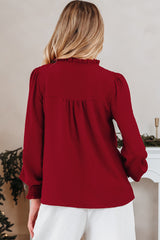 Burgundy Notched Neck Shirred Cuff  Blouse