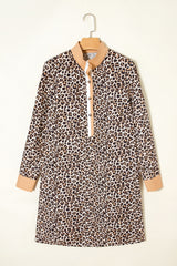 Multicolour Button Striped Collar Leopard Print Long Sleeve Flared Mini Dress