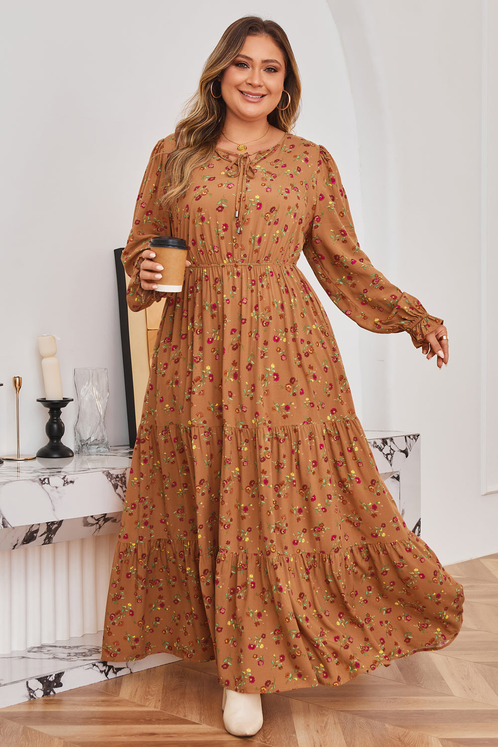 Brown Floral Tiered V-Neck Ruffled Sleeve Plus Size Maxi Dress