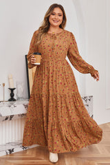 Brown Floral Tiered V-Neck Ruffled Sleeve Plus Size Maxi Dress