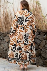 White Abstract Print Contrast Collar Maxi Plus Size Dress