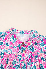 Pink Floral Half Button Puff Sleeve High Waist Plus Size Mini Dress