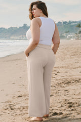 Beige Frill Smocked Waist Wide Leg Plus Size Pants