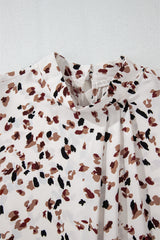 Leopard Lantern Sleeve Mock Neck Pleated Blouse
