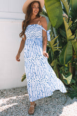 Sky Blue Floral Smocked A-Line Tiered Tied Straps Maxi Dress