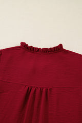 Burgundy Notched Neck Shirred Cuff  Blouse