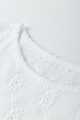 White Flower Geometric Textured Button Short Sleeve Top