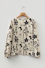 Khaki Floral Split Neck Long Sleeve Blouse