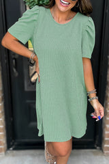 Corded Knit Crew Neck Puff Sleeve Shift Mini Dress