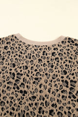 Khaki Leopard Textured Ribbed Trim Crew Neck Plus Size Top