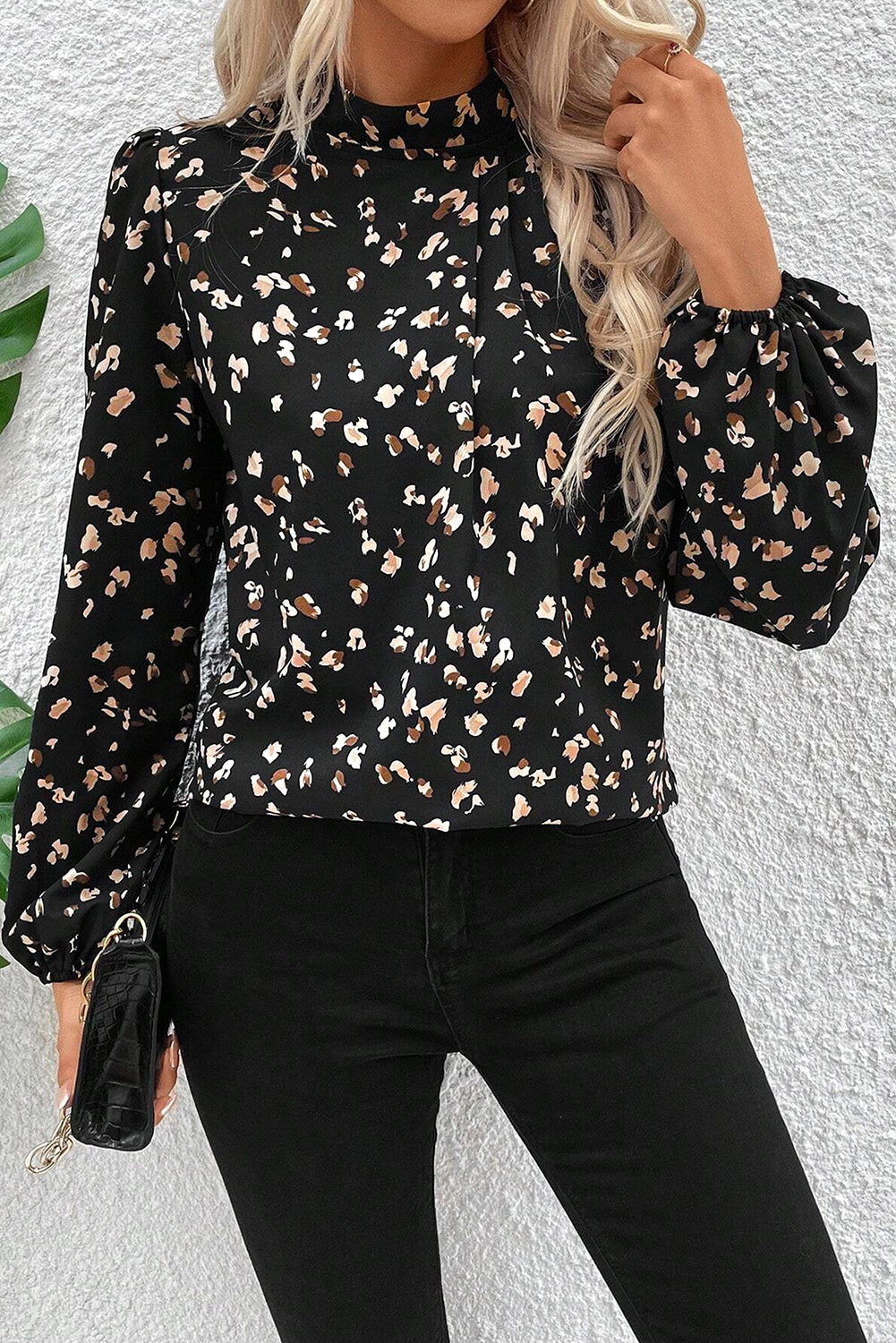 Leopard Lantern Sleeve Mock Neck Pleated Blouse