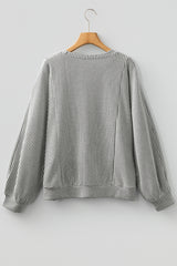 Grey Ribbed Knit Lantern Long Sleeve Top
