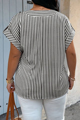Black Stripe V-Neck Roll-Tab Dolman Sleeve Plus Size Blouse