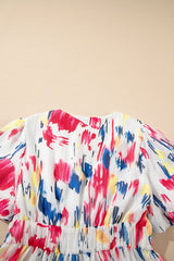 Abstract Print Short Puff Sleeve Tiered Maxi Dress