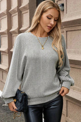 Grey Ribbed Knit Lantern Long Sleeve Top