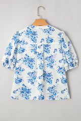 Blue Floral Tiered Puff Sleeve Pleated Bust Buttoned Blouse