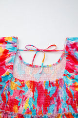 Rose Abstract Print Puff Sleeve Square-Neck Plus Size Maxi Dress