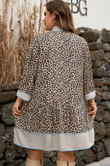 Khaki Leopard Print striped Trim V-Neck Drop Waist Plus Size Mini Dress