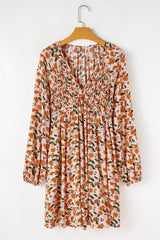 Floral Smocked V Neck Bubble Sleeve Babydoll Mini Dress