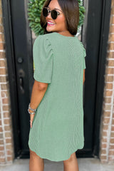 Corded Knit Crew Neck Puff Sleeve Shift Mini Dress