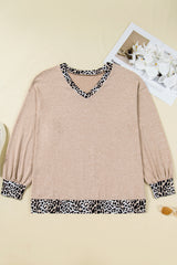 Leopard Patchwork V-Neck Long Sleeve Plus Size Top